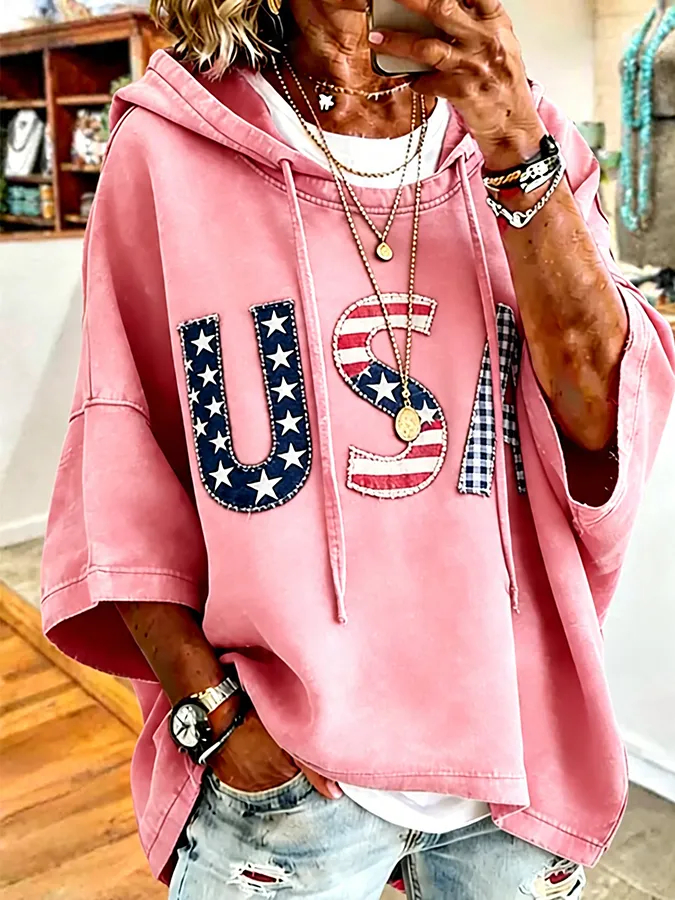 Patriotic Red USA Star Stripe Applique Oversized Hoodie