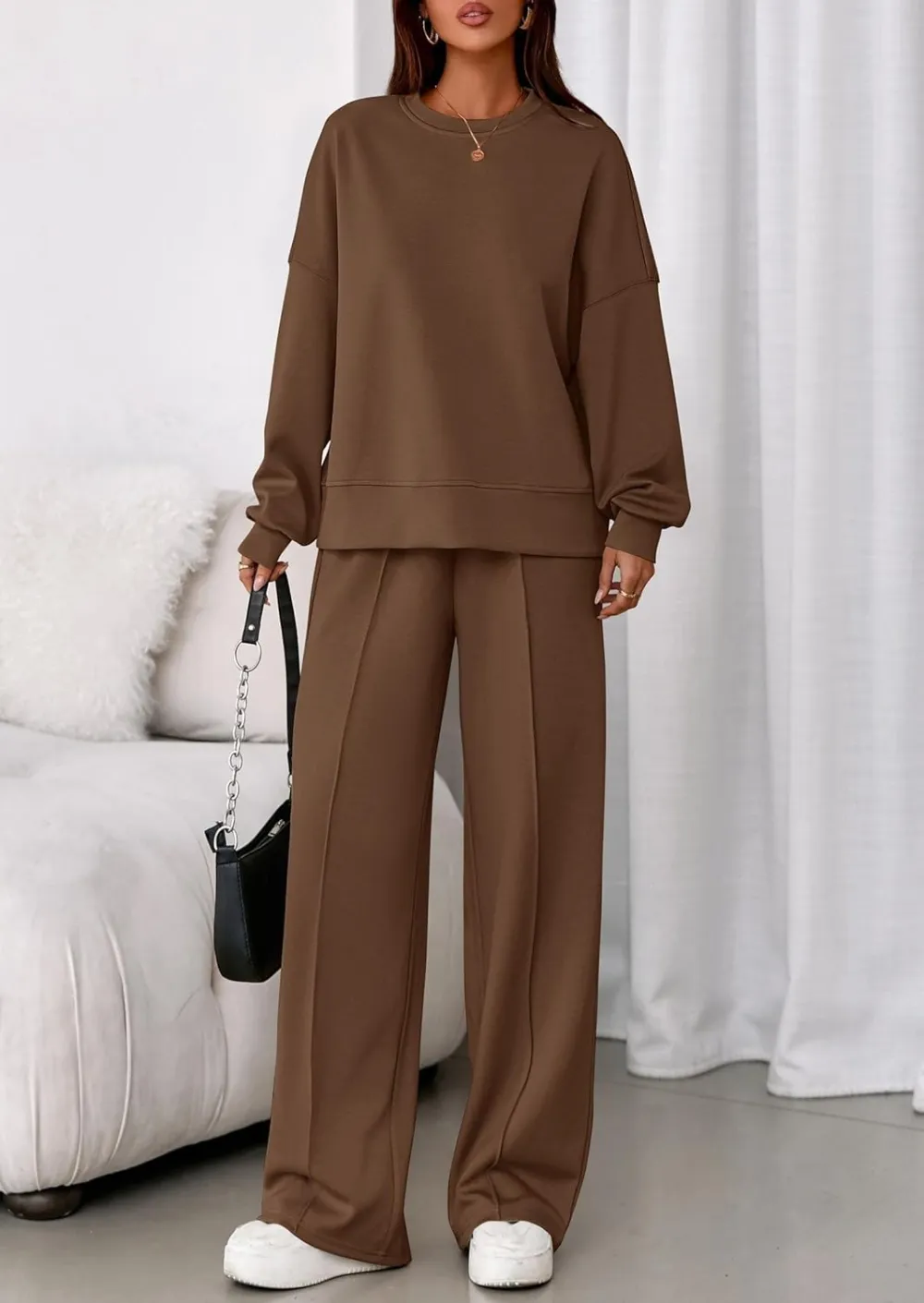 2 Piece Sets For Women Fall Trendy Long Sleeve Sweatshirt Wide Leg Pants Loungewear