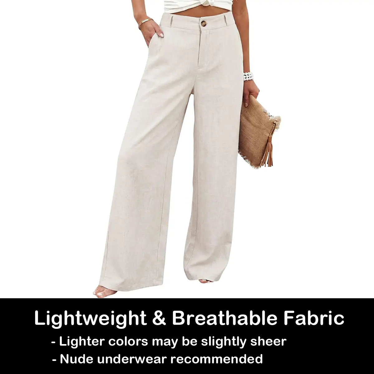 Women's High Waisted Wide Leg Linen Pants Casual Button Up Cotton Trousers for Summer Loose Comfy Beach Pants