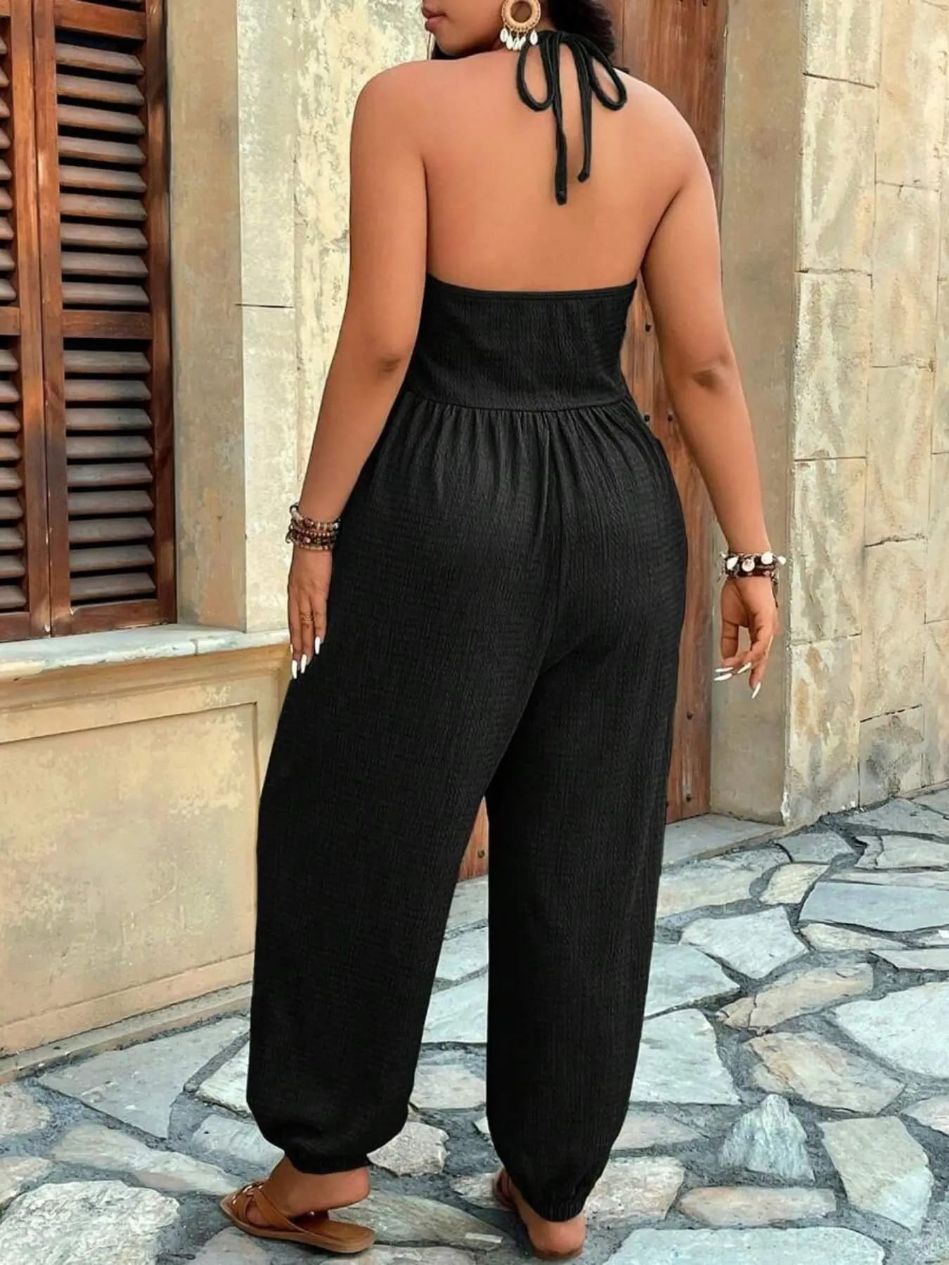 Solid Color Pocket Open Back Jumpsuit, Casual Sleeveless Jumpsuit for Daily Wear