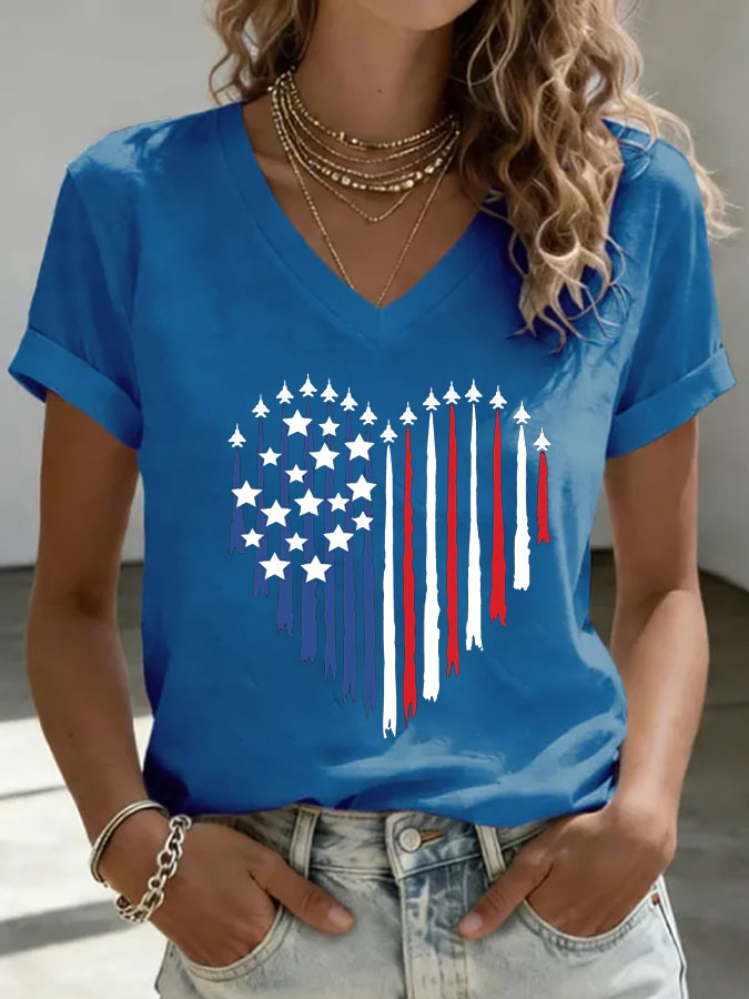 Women's Patriotic Jet Heart Printed Casual T-shirt