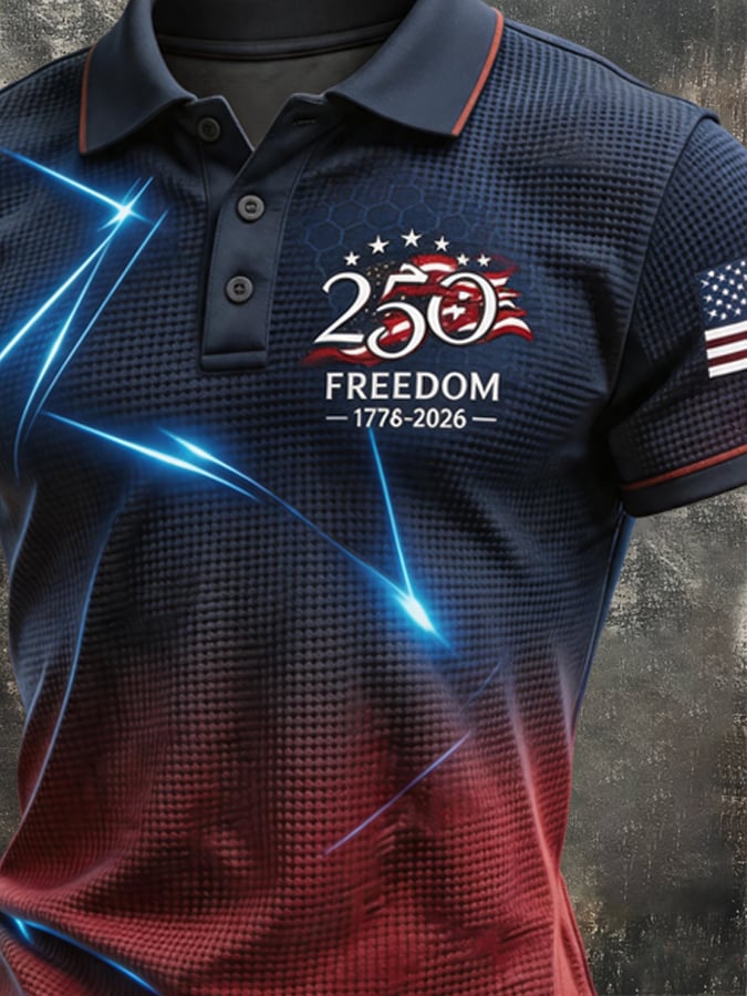 Men's Retro Waffle-Knit Patriotic Color-Block Short-Sleeve Polo Shirt