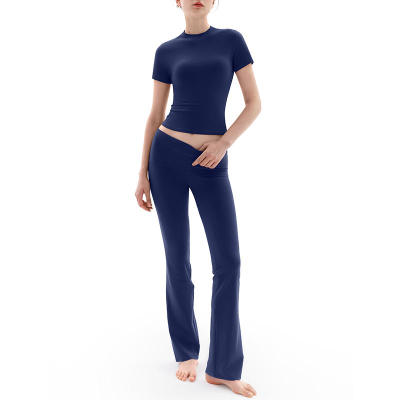Women's Minimalist Short Sleeve & Fold-Over Flare Pants Lounge Set