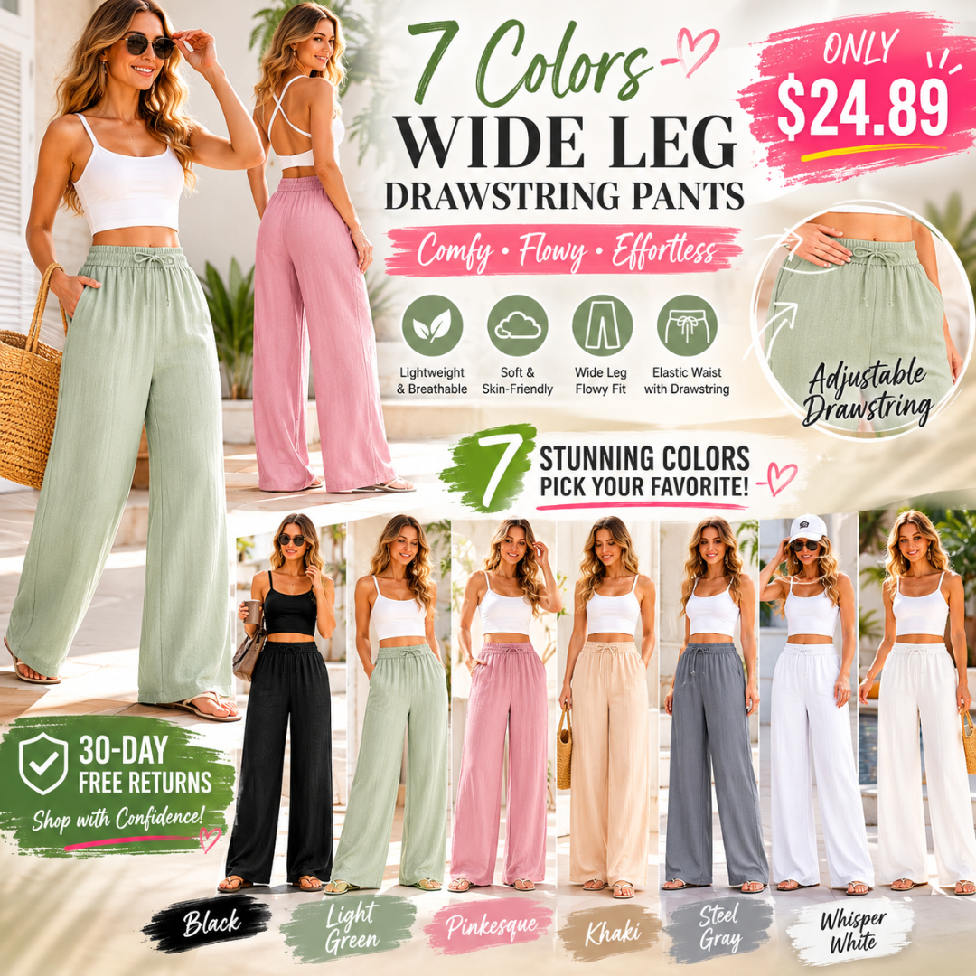 High Waisted Drawstring Pocket Wide Leg Casual Linen-Feel Pants
