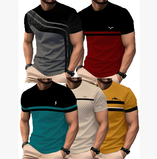 Set of 5, Striped Print Men'S Stylish Casual Streetwear Short-Sleeve T-Shirts