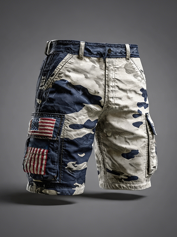 Men's Blue Gray Camo American Flag Patch Cargo Shorts