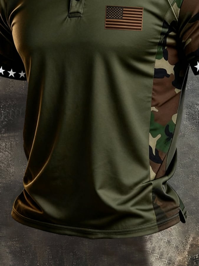 Men's Retro Patriotic Color-Block Short-Sleeve Henley T-Shirt
