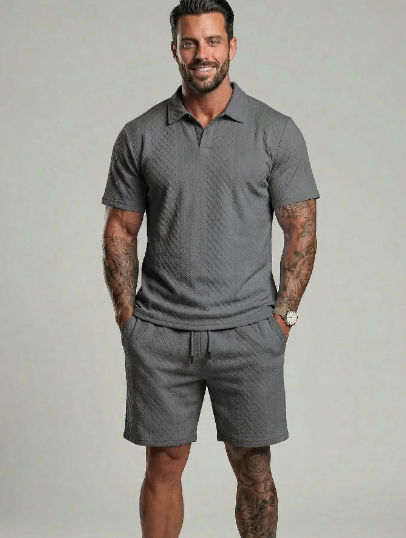 Men's Solid Polo Shirt & Drawstring Waist Shorts Set Cozy Breathable Two-piece