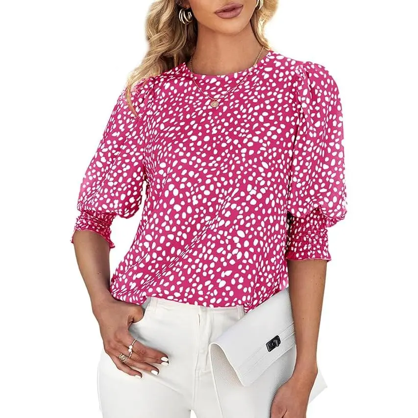Women's Polka Dot 3/4 Sleeve Blouse Tops Ladies Casual Office Work Crew Neck T-Shirt