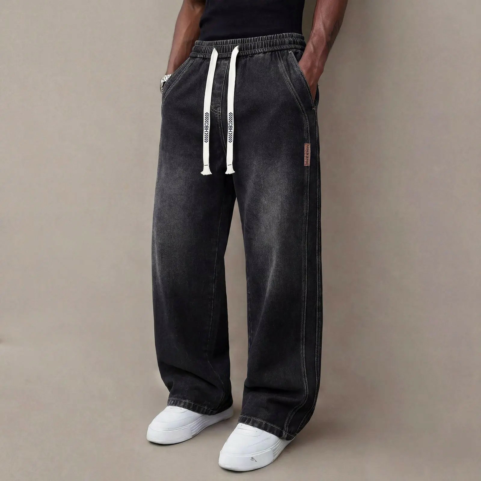 Men's Stretch Straight-Leg Denim Jeans – Vintage Wash Drawstring Casual Pants