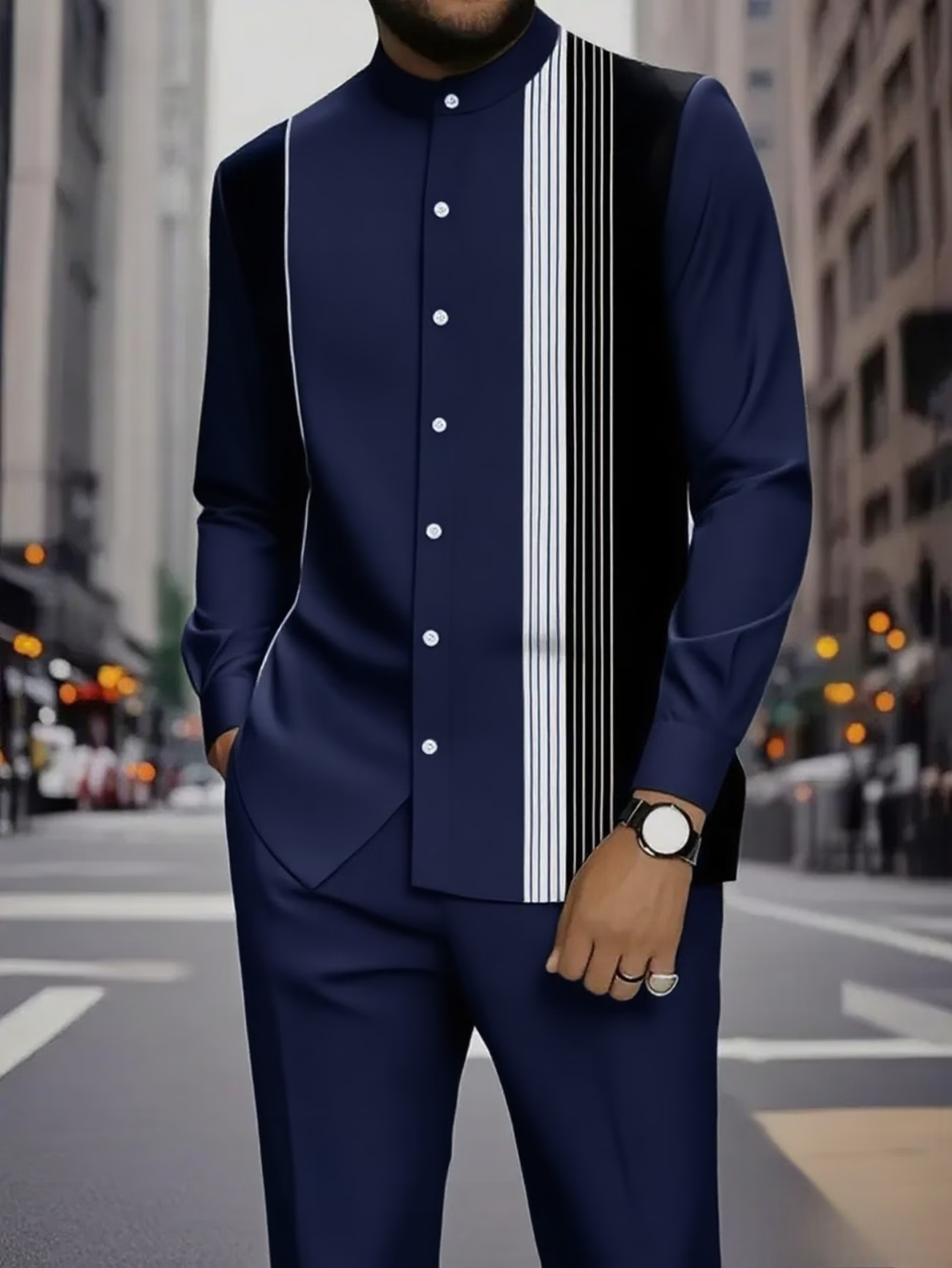 Men’s Black & White Stripe Button-Up Shirt and Drawstring Pants 2-Piece Set