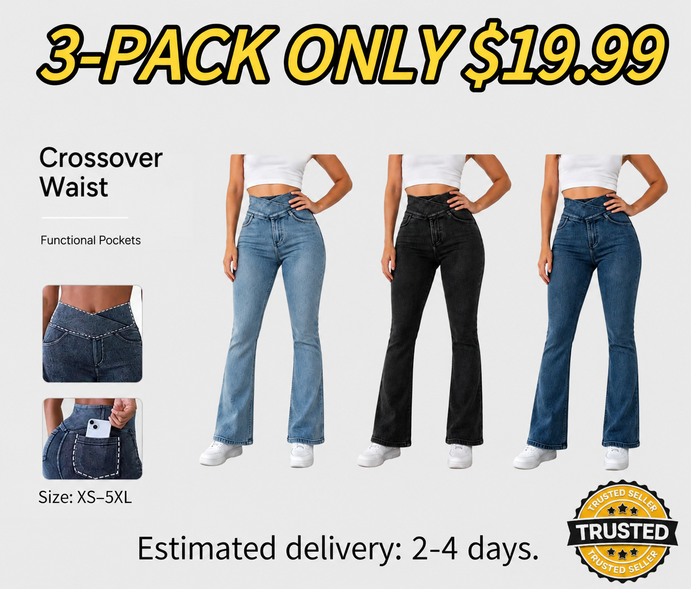 Women's High-Waisted Stretch Jeans with Crossover Design — Slim-Fit Flared Denim Leggings
