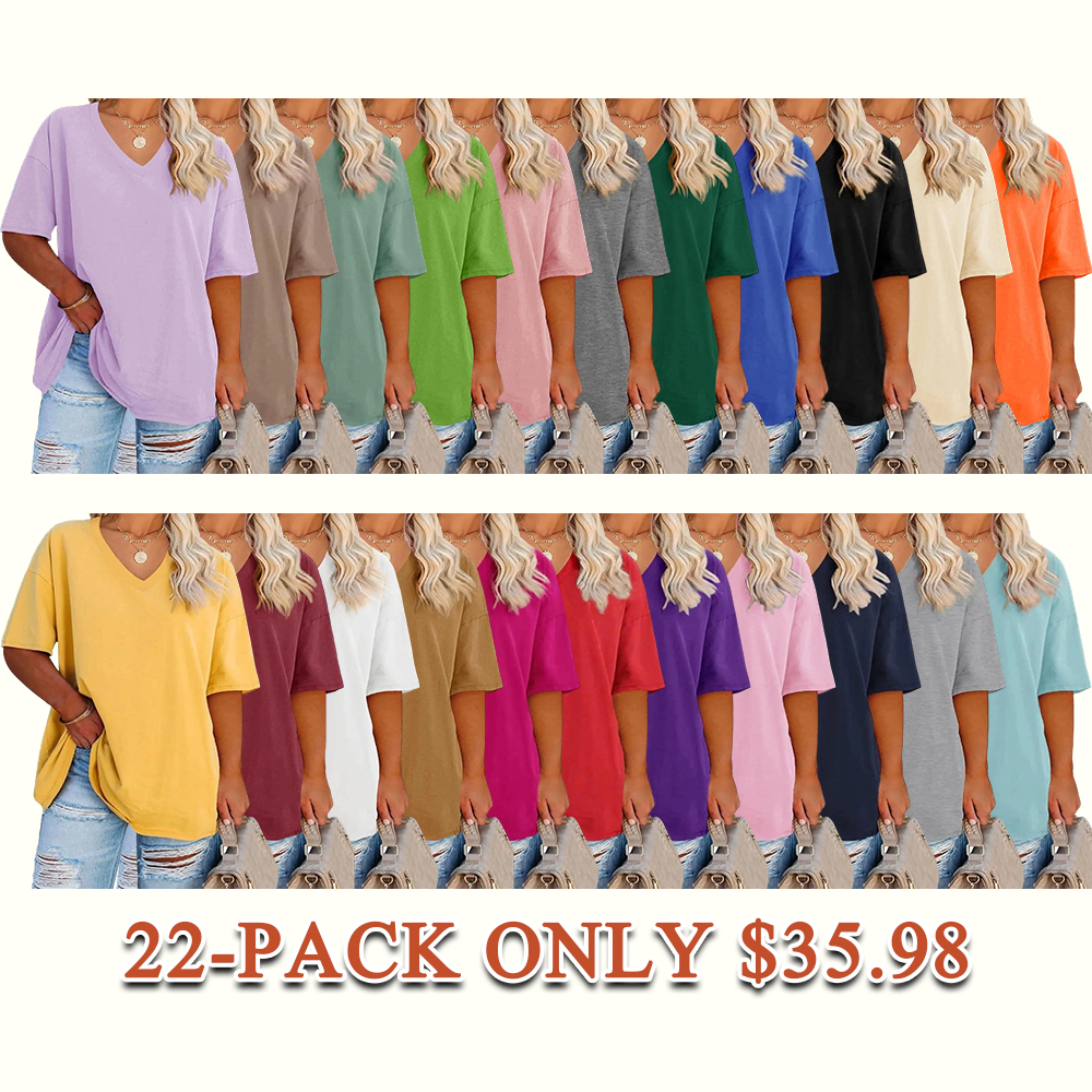 Women's V-Neck Short Sleeve Tunic Top Casual Loose Fit Soft Cotton Summer Tee