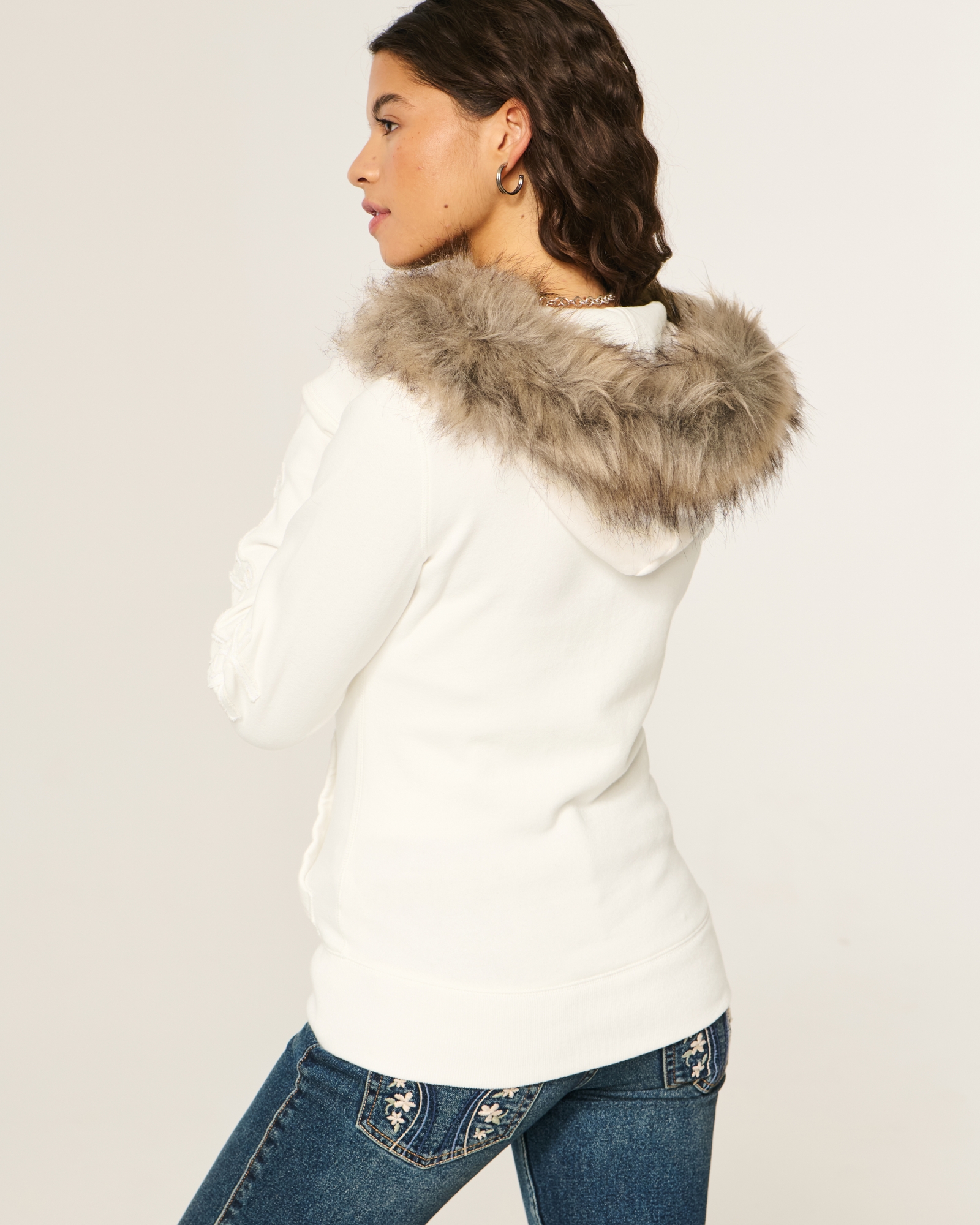 Faux Fur Trim Zip-Up Hoodie