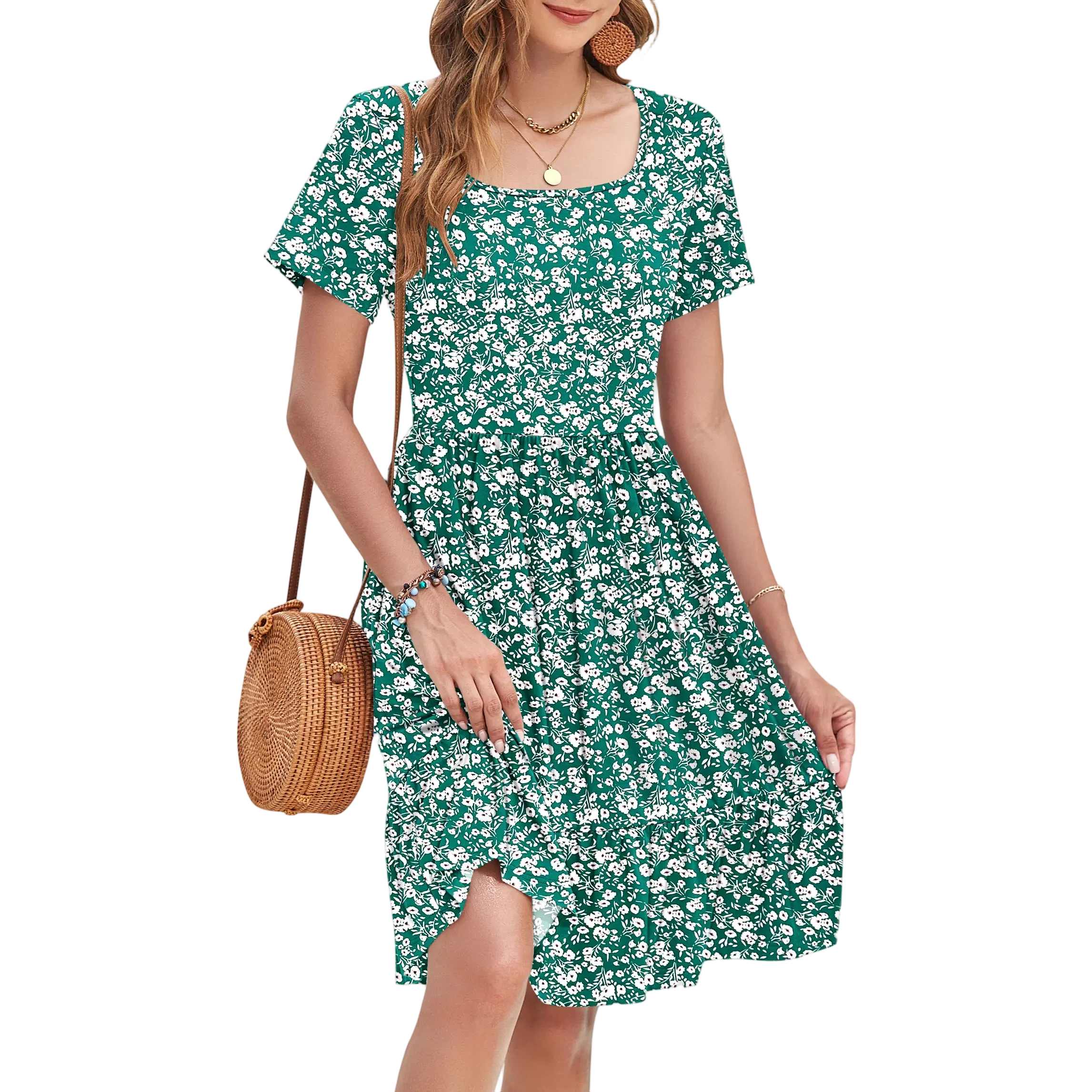 Women Square Neck Ditsy Floral Dress