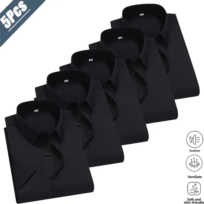 Men's Solid-Color Dress Shirts (5-Pack) — Crafted from skin-friendly, breathable, and wrinkle-resistant, non-iron fabric
