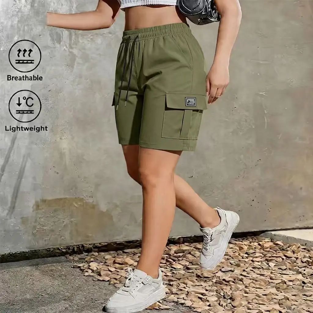 Women's Quick-Dry Outdoor Cargo Hiking Shorts – Elastic Waist, Multi-Pocket, Knee-Length Comfort Fit
