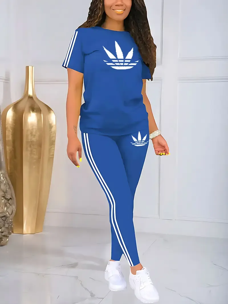 Women's Drawstring Short Sleeve and Long Pants Two-Piece Set