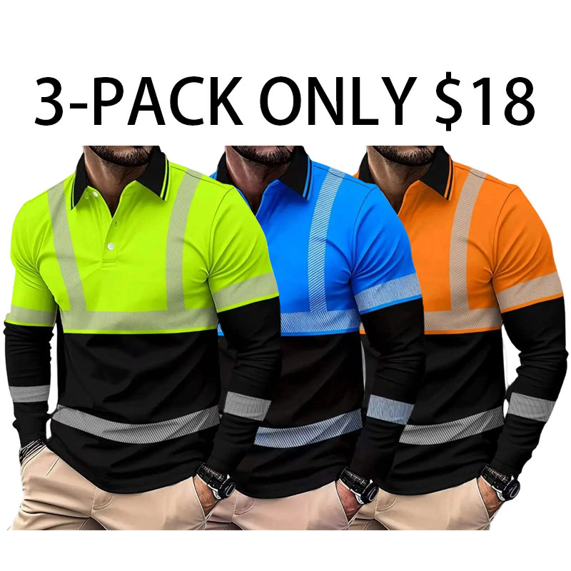 Workwear-style Casual men's long-sleeved premium fitted polo shirt -Full-width reflective stripe design