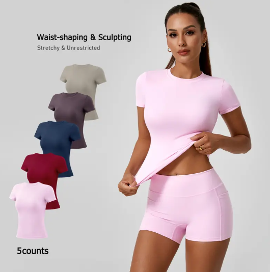 5-Piece Solid Sports Tee Set Round Neck Slim Stretchy