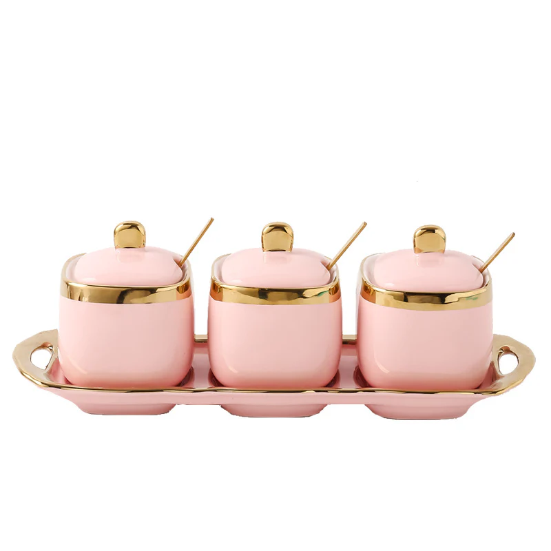 3PC Nordic Color-Glazed Ceramic-Gold Trim Serving Jars