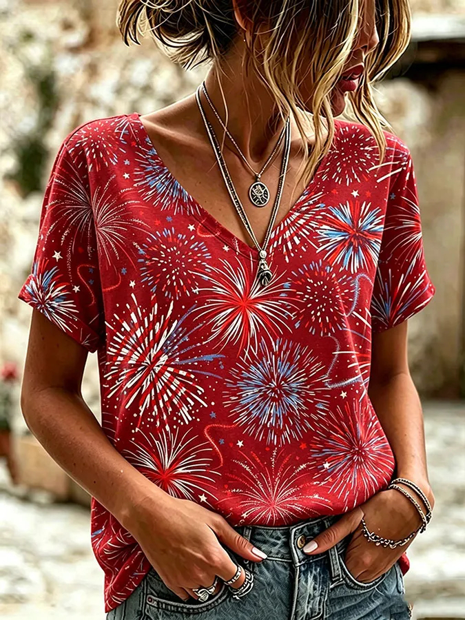 Women'S American Fireworks Printed Casual T-Shirt