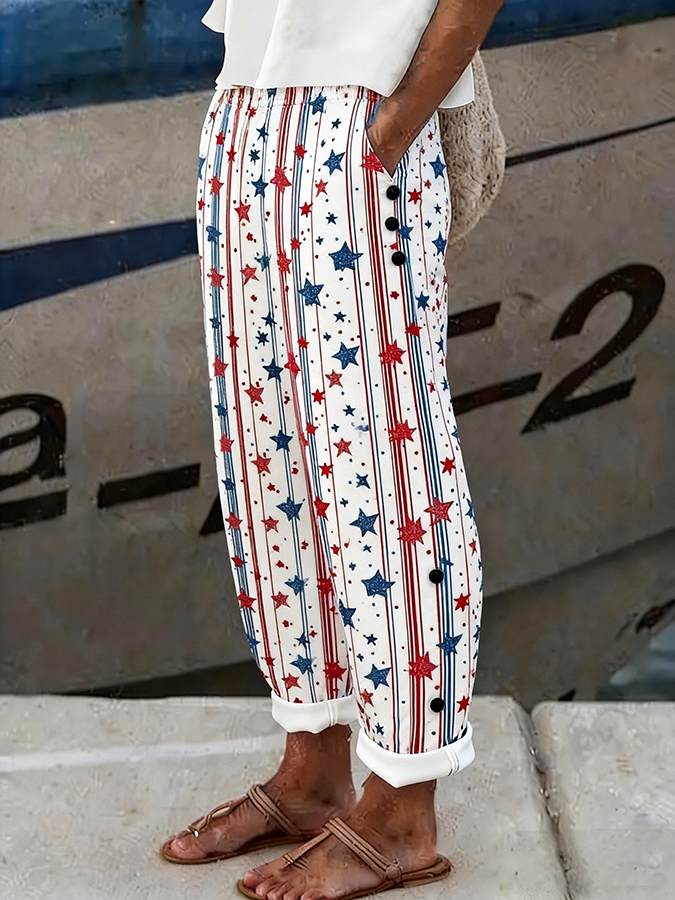 Women's Red, White, And Blue Five Pointed Star Printed Casual Pants
