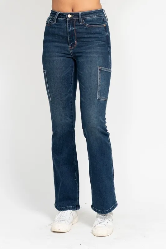 Blue Full Size High Waist Cargo Bootcut Jeans Plus Size