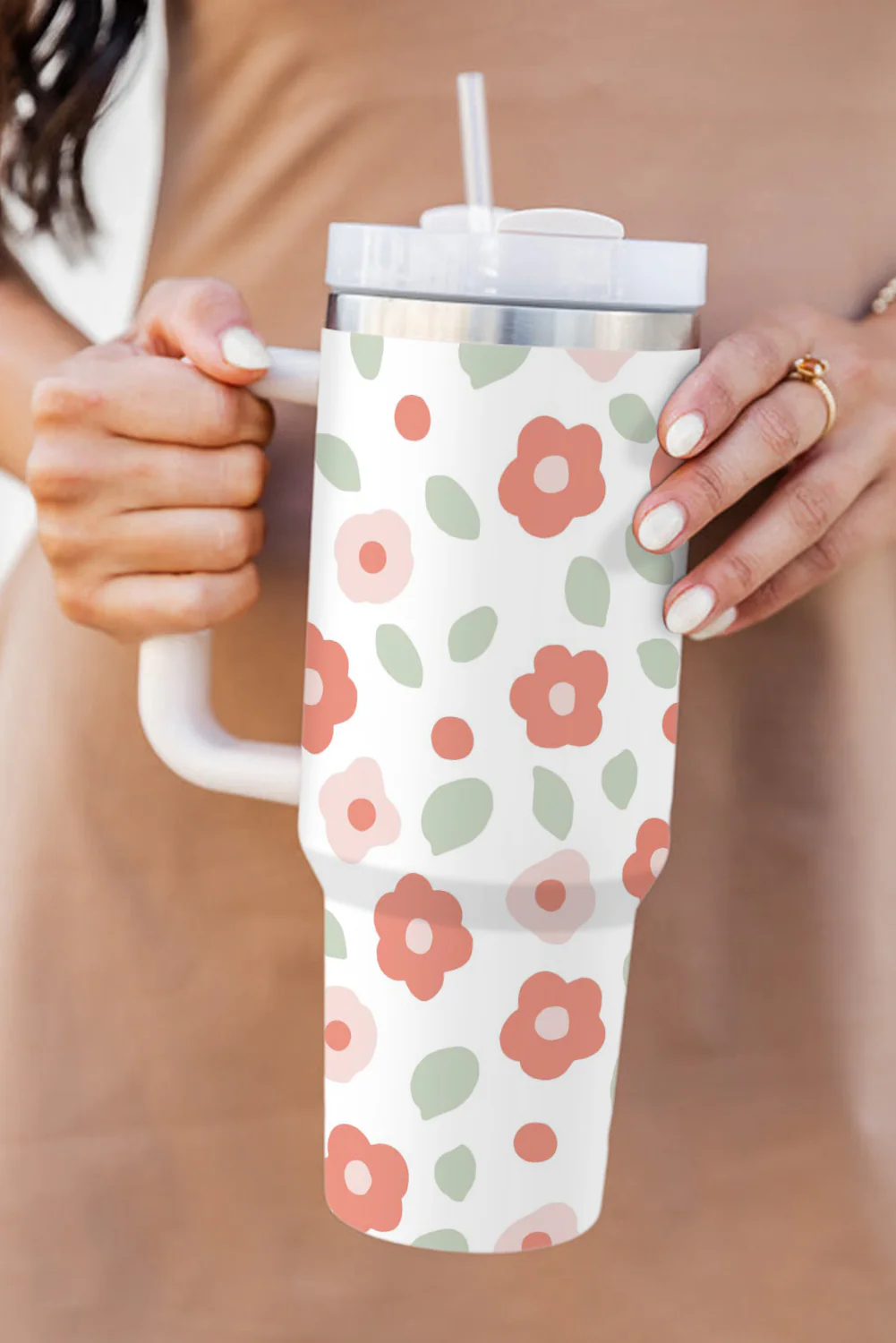 White Floral Leaves Print Stainless Large Portable Cup 40oz
