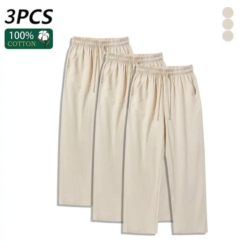 100% Cotton Linen Pants for Men & Women, Summer Casual Elastic Waist Drawstring Wide Leg Breathable Trousers