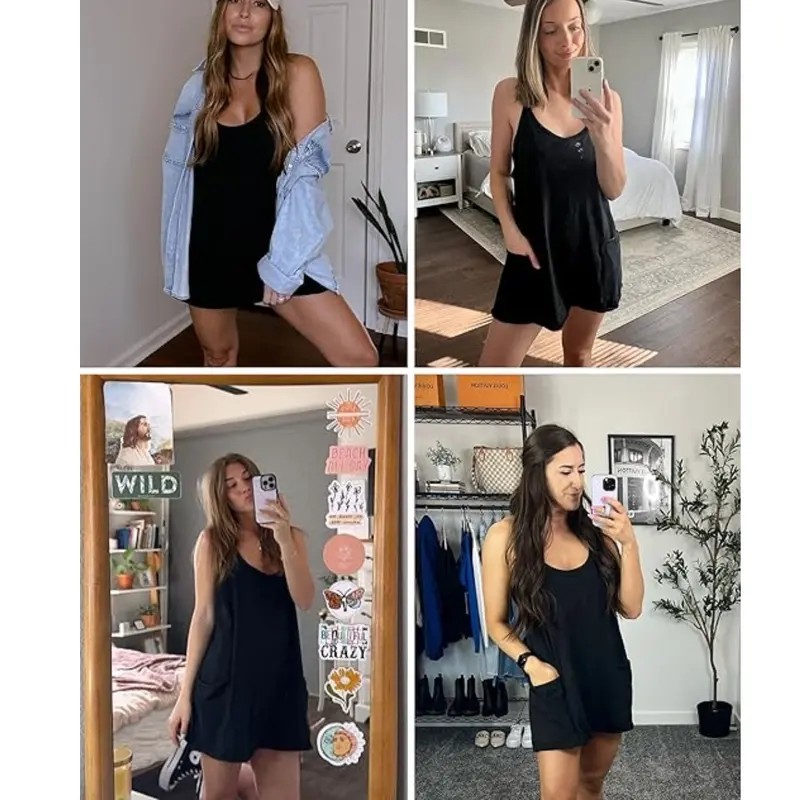 Women's Summer Sleeveless Mini Dress with Built-in Shorts V Neck Spaghetti Straps Athletic Shorts Tennis Dress with Pockets