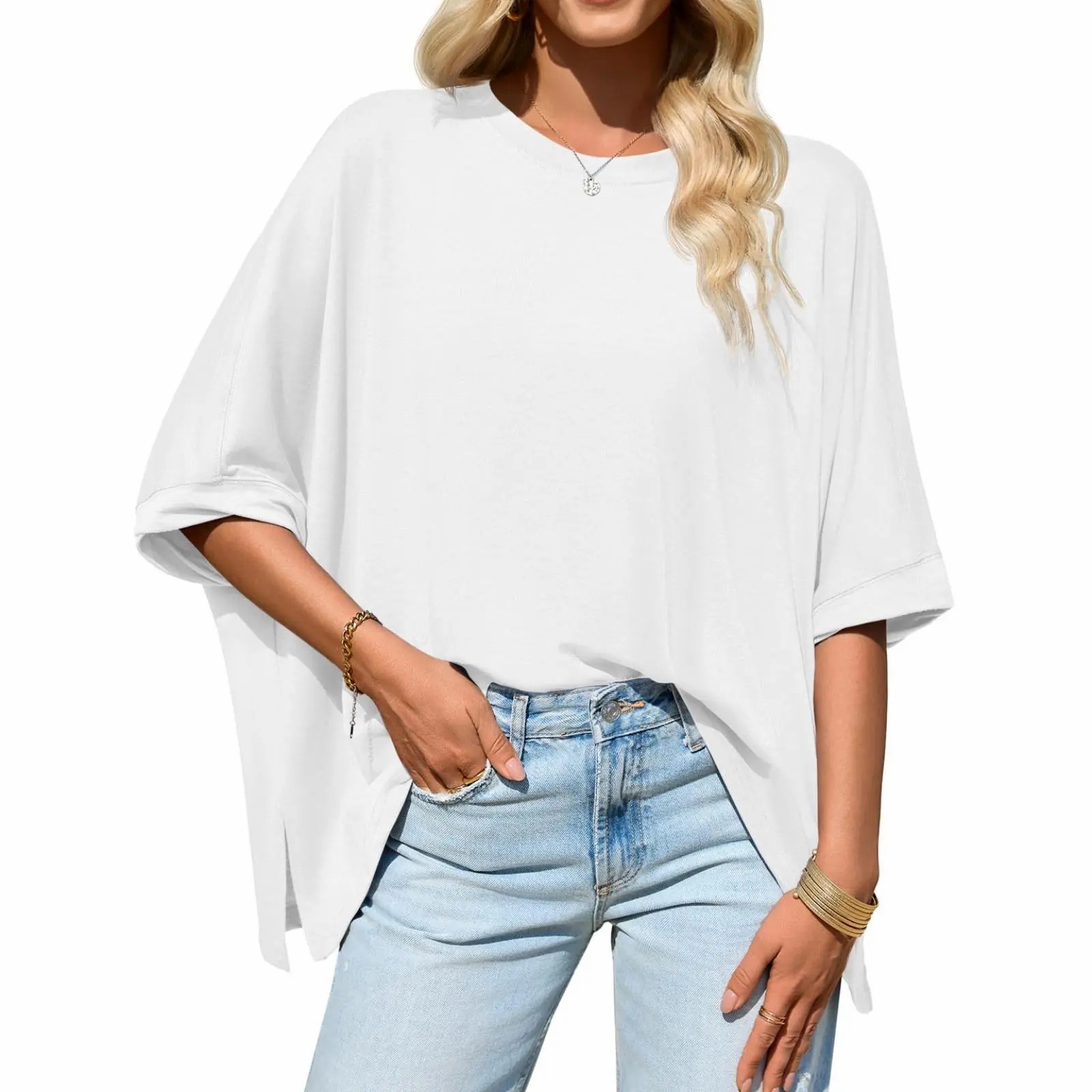Women's Oversized Batwing Sleeve T-Shirt – Asymmetric Hem Loose Fit Tunic Top