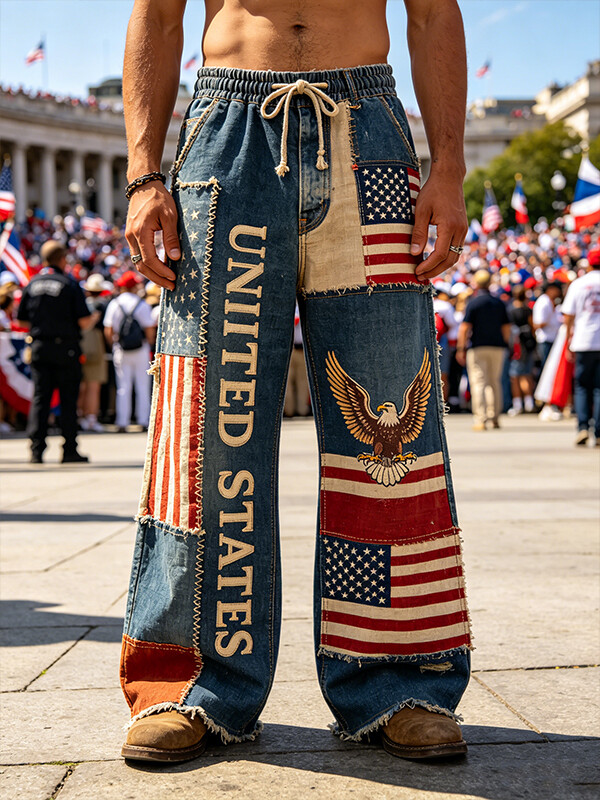 Men's Vintage USA Flag Patchwork United States Art Print Casual Pants