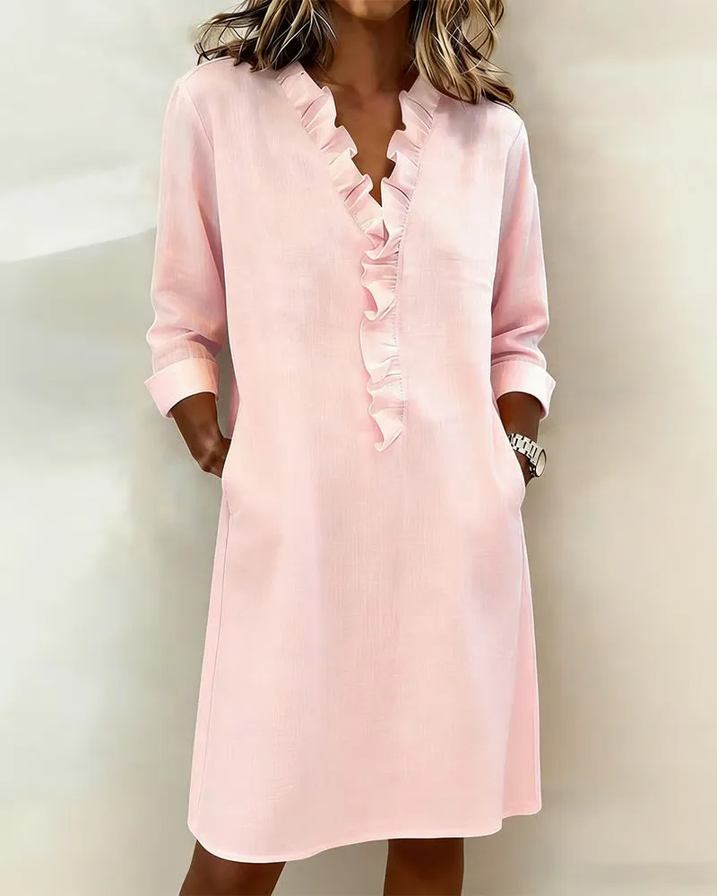 Ruffled V-Neck Solid Color Dress