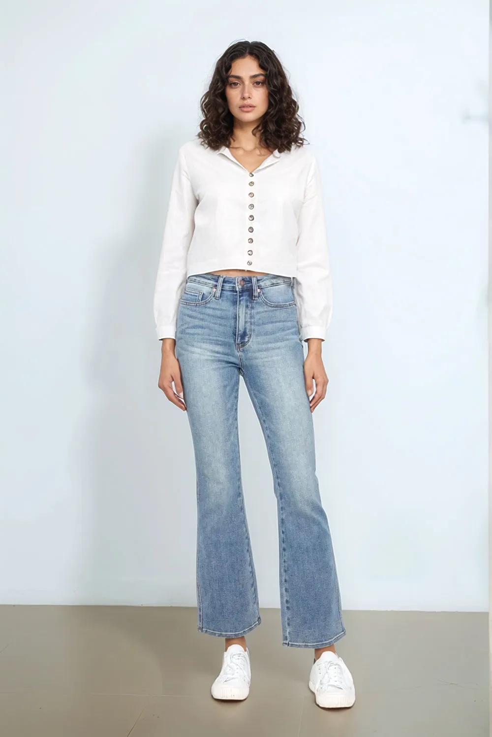 Blue Full Size Tummy Control Back Embroidered Pocketed Bootcut Jeans Plus Size