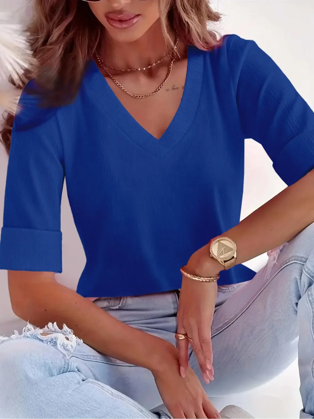 Plus Size Solid V Neck Roll Up Sleeve Tee, Casual T-shirt , Women's Plus Clothing for Daily Wear, Cute Tops, Quality and Durability