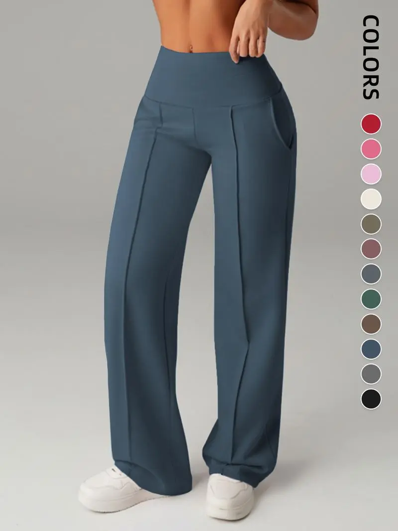 Women's Plain Loose Straight Leg Pants, Wide Leg High Waist Sporty Casual Sweatpants with Pockets