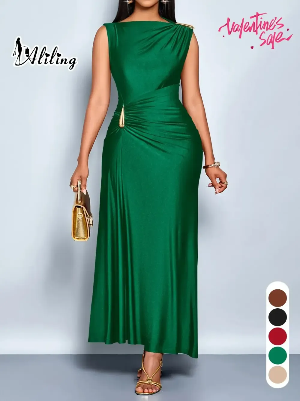 Aliling Elegant Chic Sleeveless Midi Dress for Women High Waist Folds Boat Neck Bodycon Fitted
