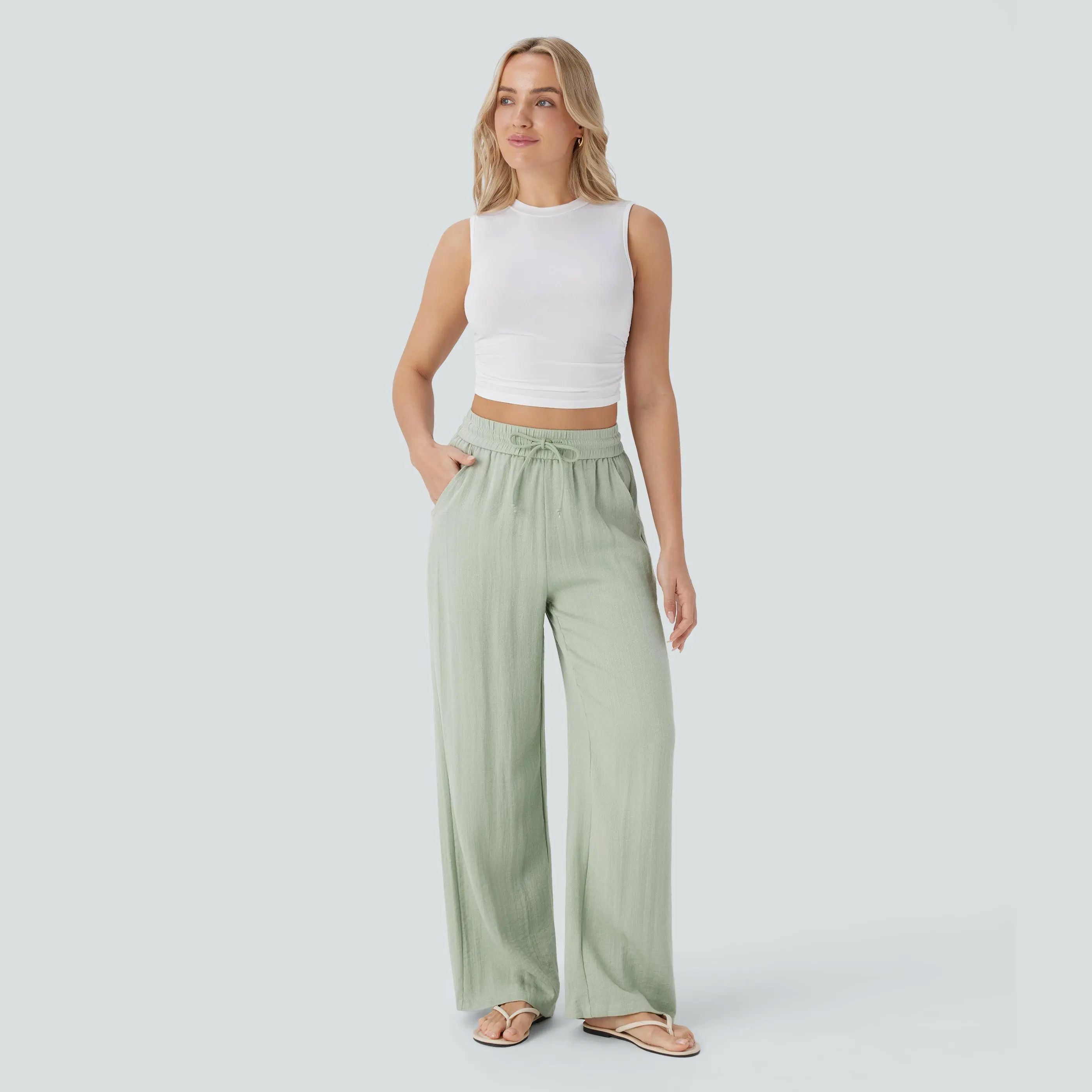 Women's High Waisted Drawstring Pocket Wide Leg Casual Linen-Feel Pants