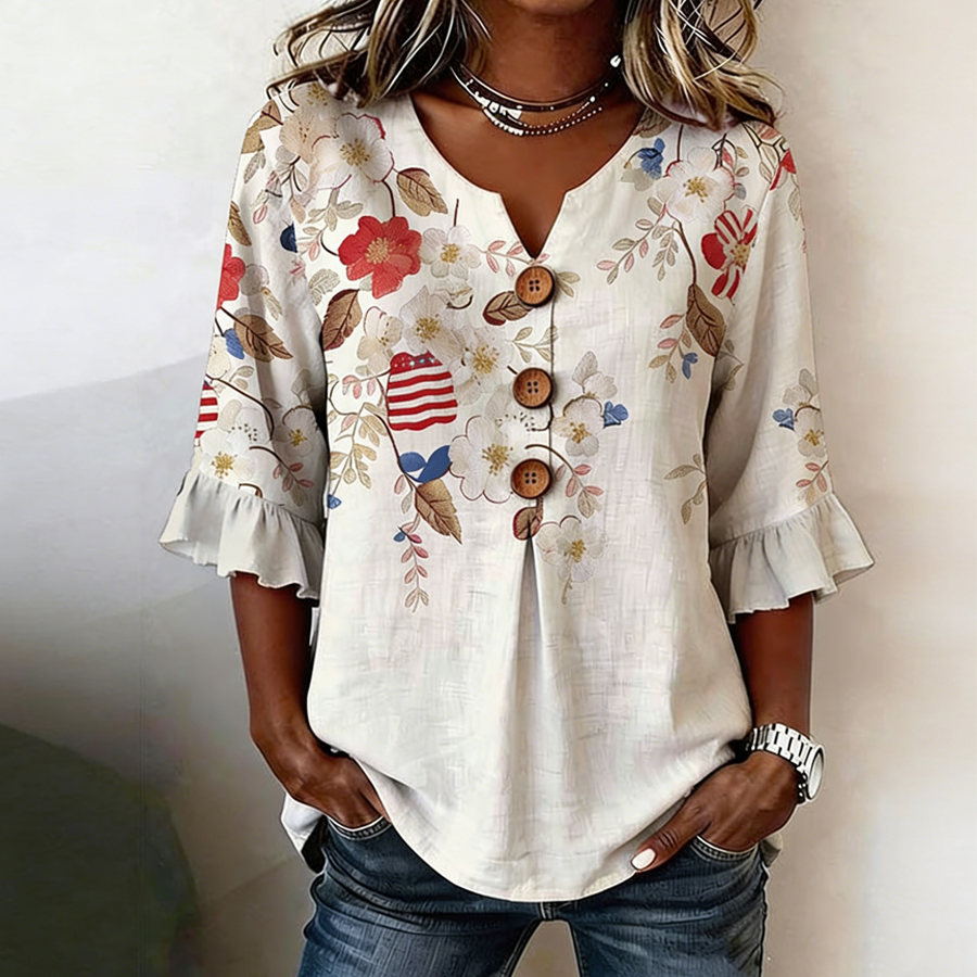 Women'S Casual Small V-Neck Floral Print Top