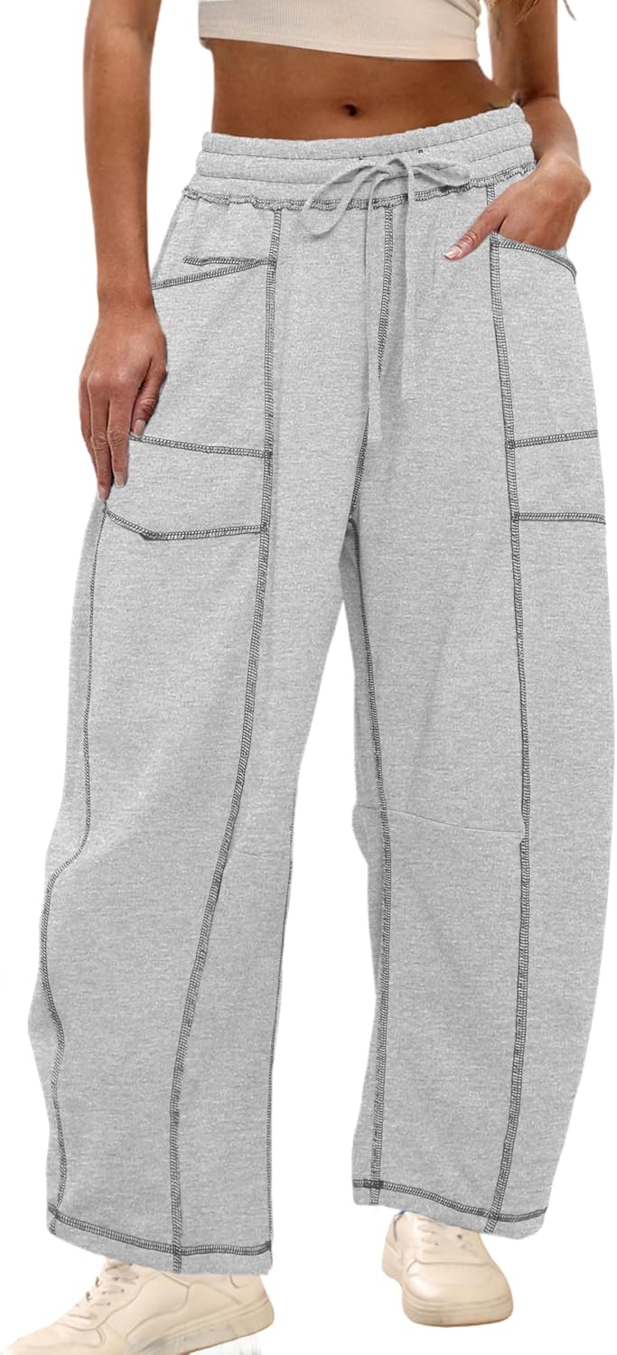 Womens Baggy Barrel Pants Wide Leg Lounge Drawstring Sweatpants with Pockets