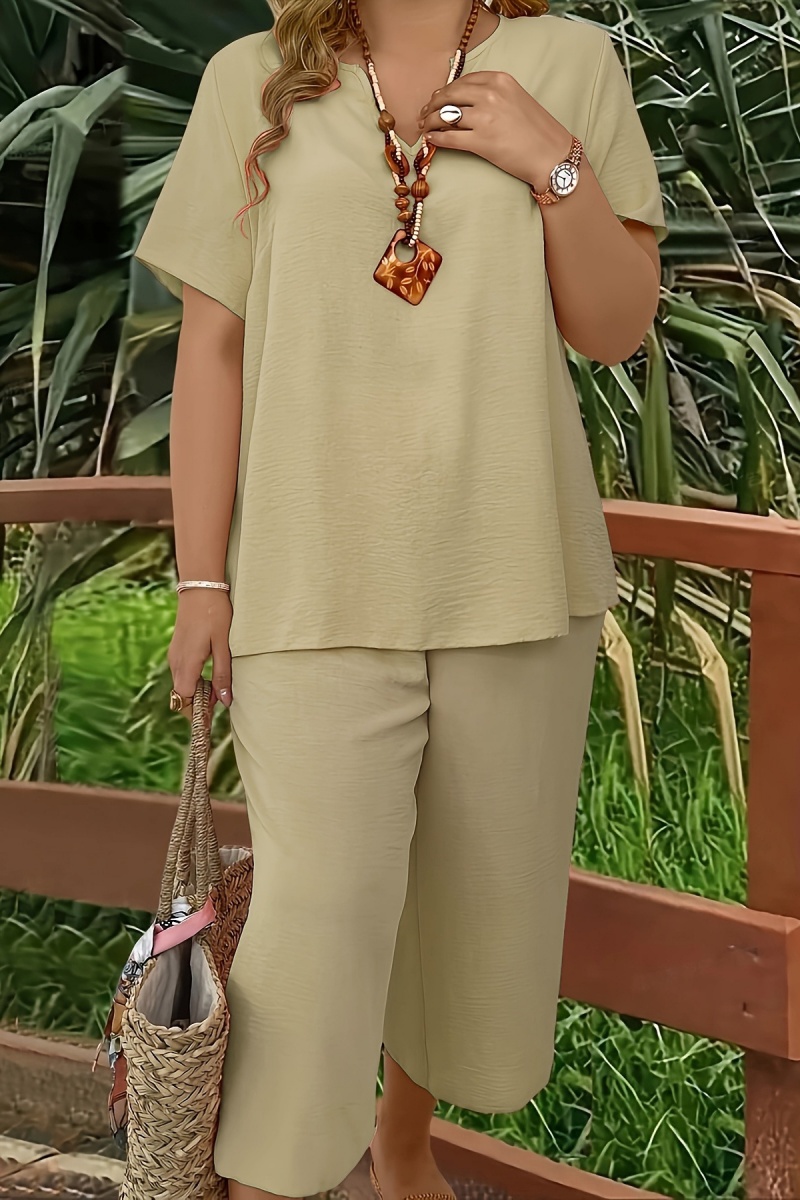 Elegant Plus Size Women's Solid Color Short Sleeve Fashion Top & Casual Wide Leg Pants Set