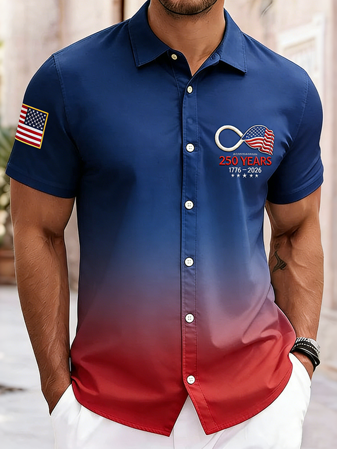 Men'S Casual Gradient American Flag Art Printed Shirt