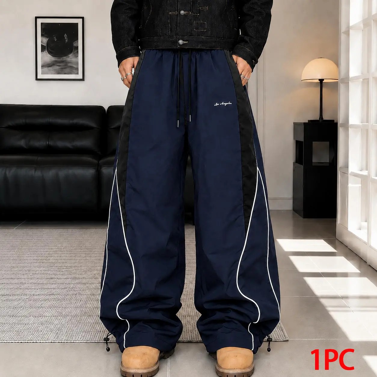 Men's Color-Block Side Stripe Wide Leg Pants – American Retro Loose Drape Sweatpants with LA Embroidery