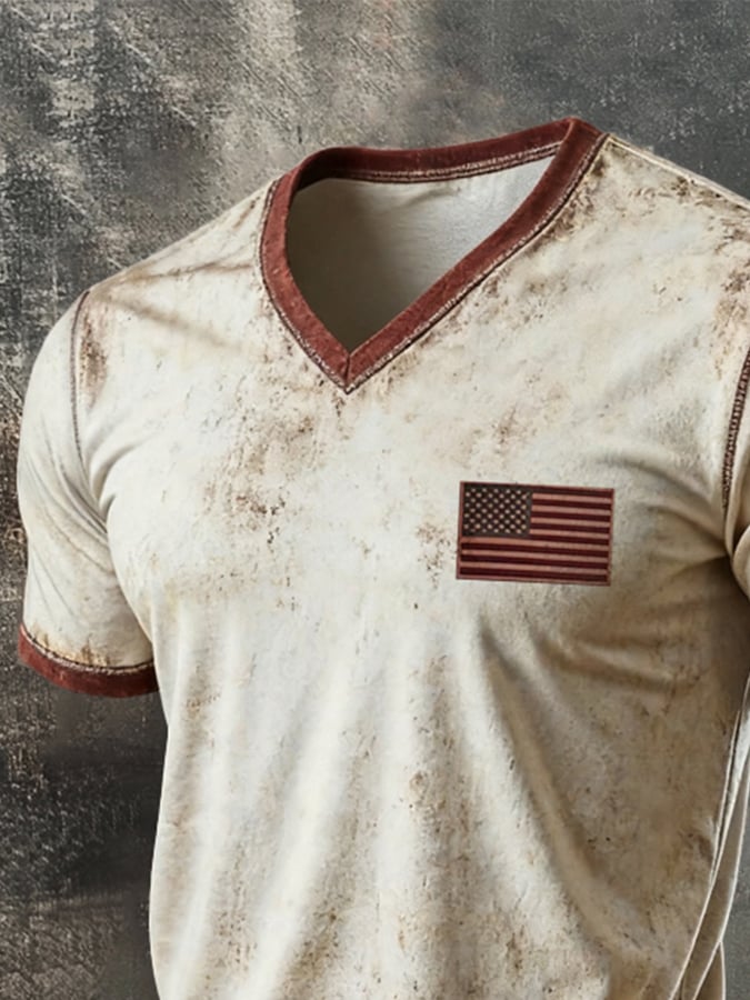 Men's Retro Patriotic Color-Block V-Neck Short-Sleeve T-Shirt
