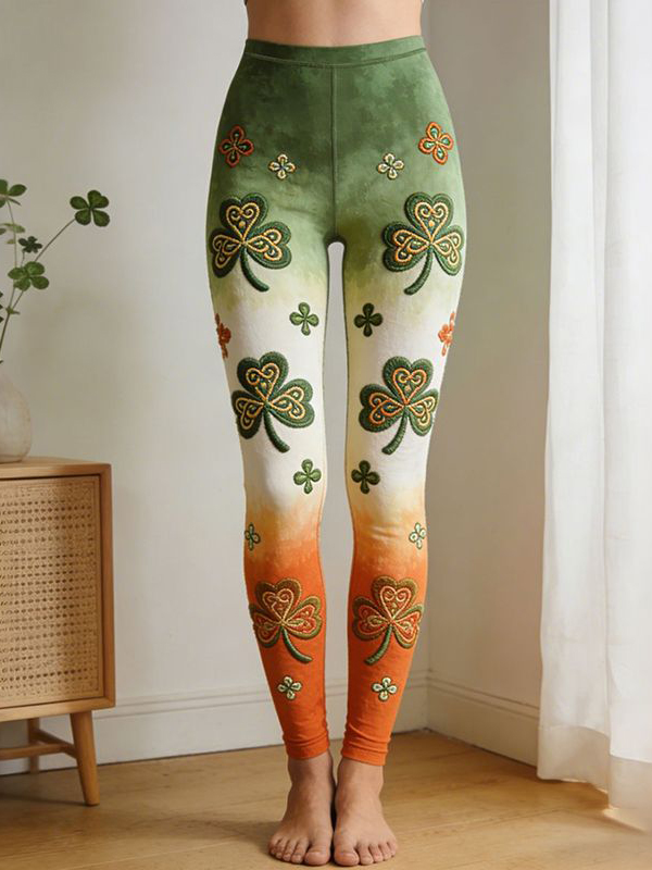 Women's St. Patrick's Day Shamrock Gradient Colorblock Print Casual Leggings