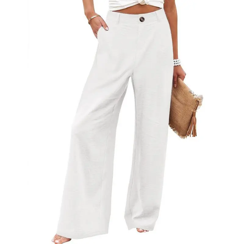 Womens Cotton Linen Pants Casual Button Up High Waisted Wide Leg Trousers Wideleg Loose Womenswear Apricot
