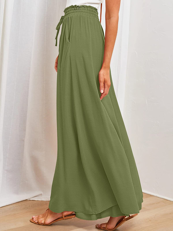 Drawstring Elasticity Pleated Pockets Solid Color High Waisted Loose Trousers Pants