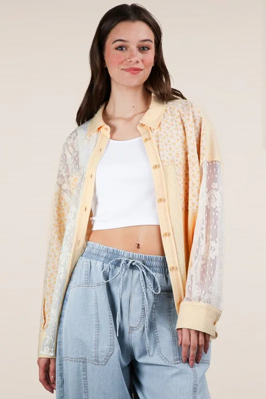 Plus Size Contrast Ribbed Knit Lace Shacket