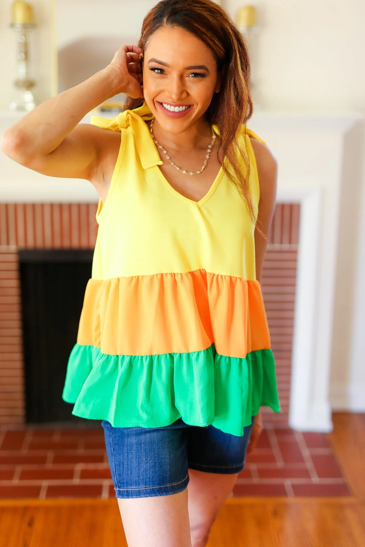 Tiered Shoulder Tie Crepe Top in Yellow & Tangerine